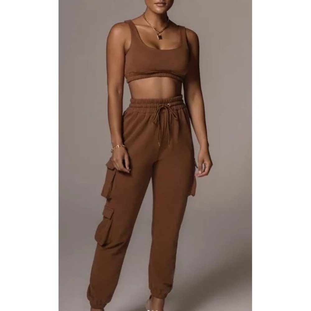 Micas Crop Top and Cargo Pants Set Loungewear Drawstring Waist Casual Size L